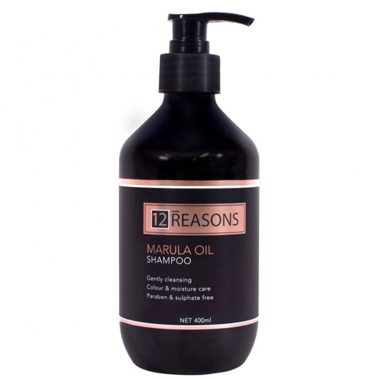 12 Reasons Marula Oil Shampoo bottle with black pump, 400 ml, maroon label
