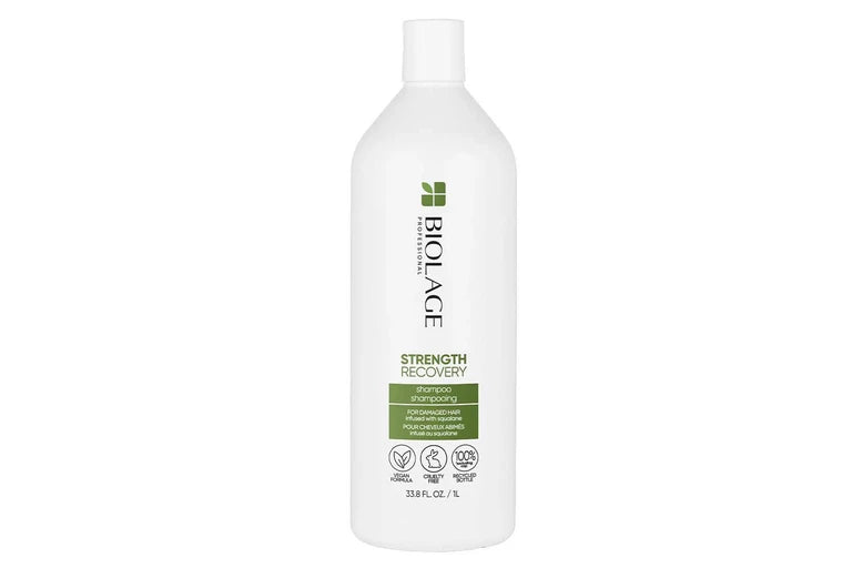 Biolage Strength Recovery shampoo bottle, white plastic with green logo, 1000 ml