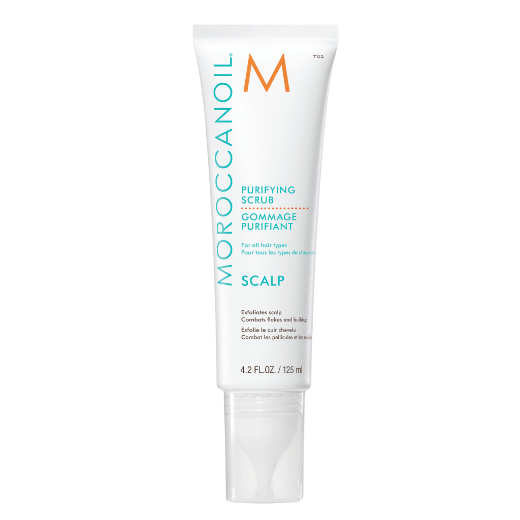 MOROCCANOIL purifying scrub for scalp, white tube with blue and orange label