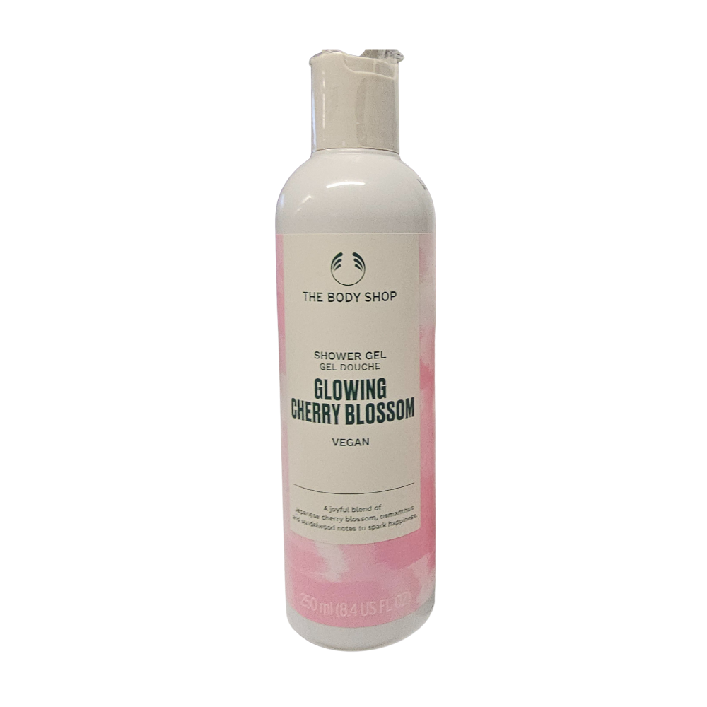 The Body Shop glowing cherry blossom shower gel bottle with pink label