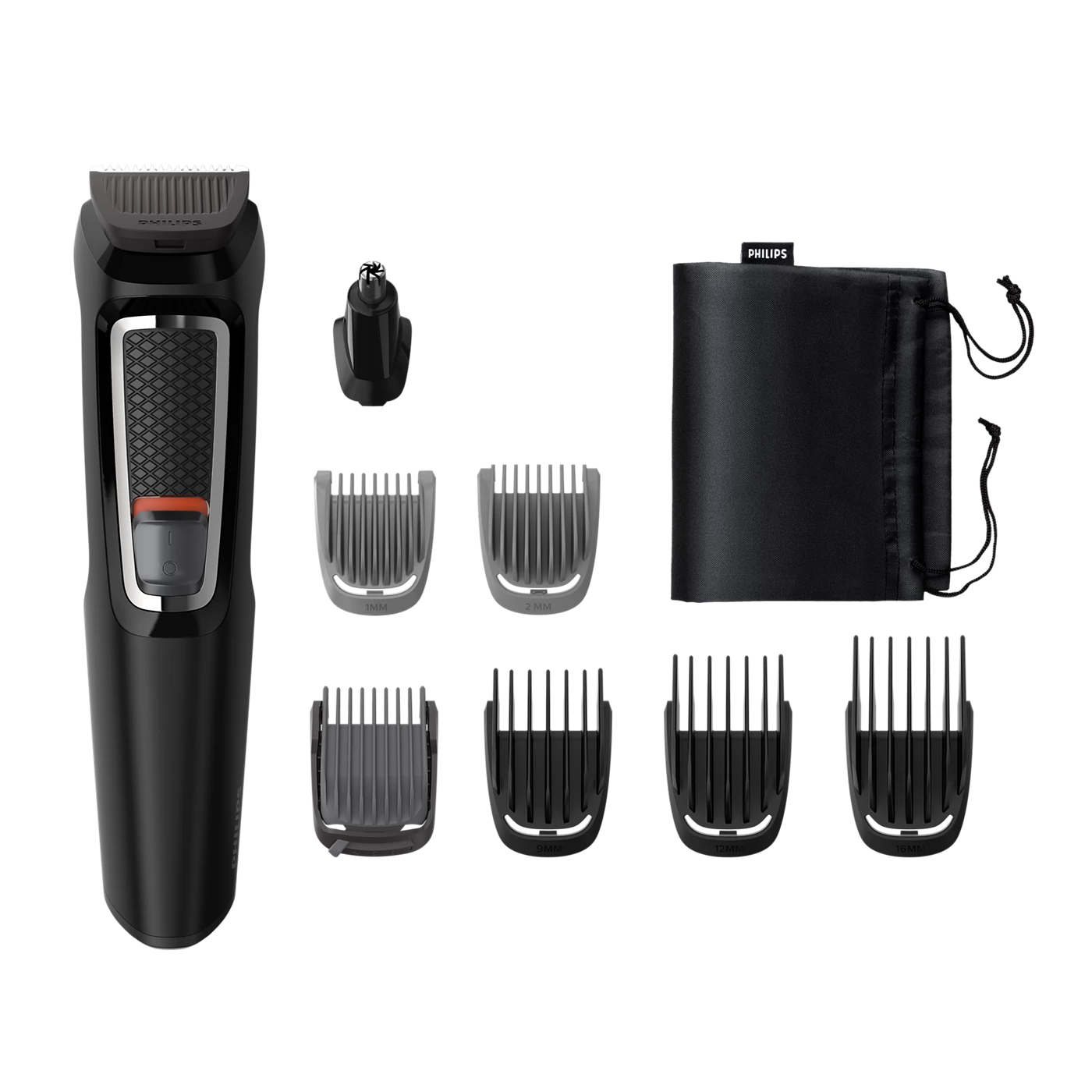 Black all-in-one hair and face trimmer with multiple guard comb attachments and pouch