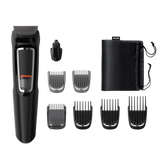 Black all-in-one hair and face trimmer with multiple guard comb attachments and pouch