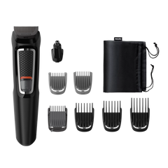 Black all-in-one hair and face trimmer with multiple guard comb attachments and pouch
