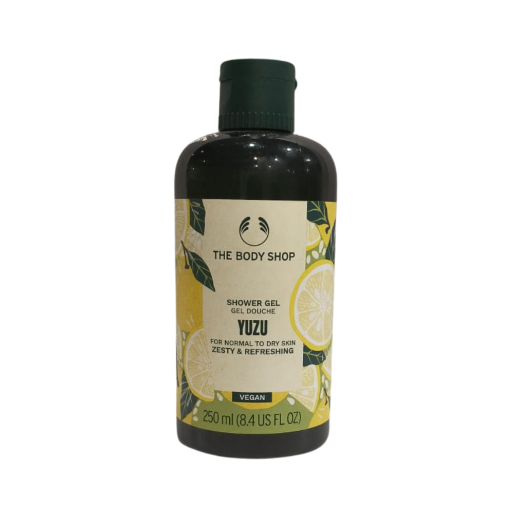 Yuzu shower gel bottle, 250 ml, dark bottle with yellow label