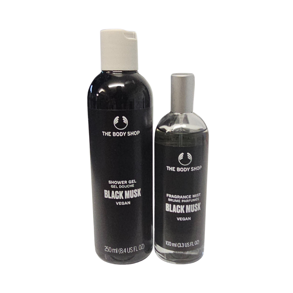 Black musk shower gel and fragrance mist duo pack, clear and dark bottles