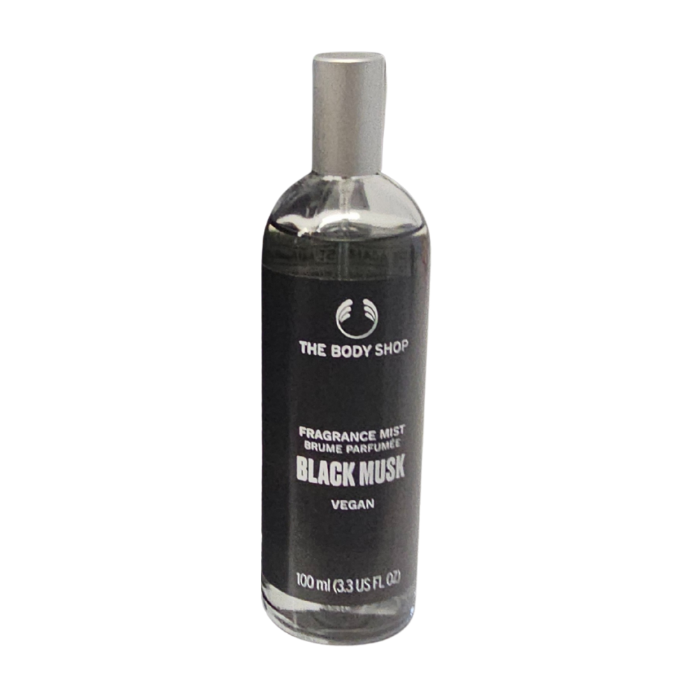 Fragrance mist bottle with black liquid and silver spray cap, 100 ml
