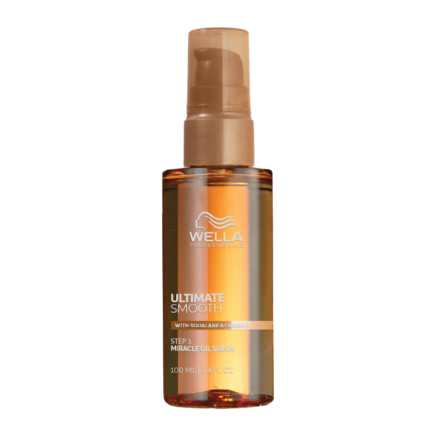 Wella Professionals Ultimate Smooth miracle oil serum bottle, amber pump dispenser