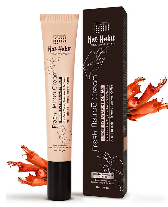 Under eye cream tube and carton, Fresh Netraa heritage style, pink and black.