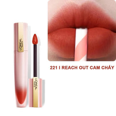 Liquid lipstick tube with wand and red lipstick on lips