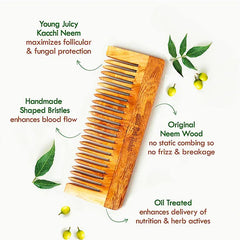Neem wood wide-tooth shampoo comb with oil-treated bristles, angled view with leaves