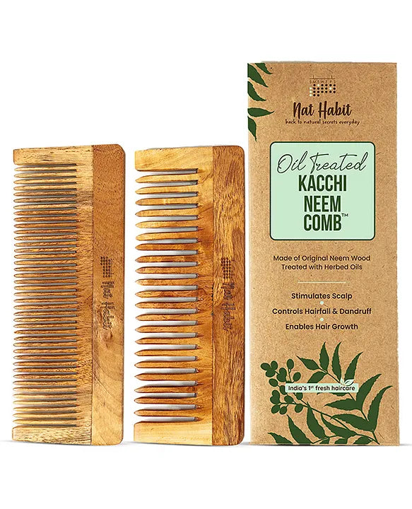 Set of oil-treated neem wood combs with wide teeth, shown with cardboard package
