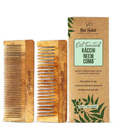 Set of oil-treated neem wood combs with wide teeth, shown with cardboard package