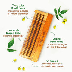 Large neem wood comb with oil-treated bristle tips, rectangular handle, side view