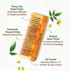 Large neem wood comb with wide teeth and oil-treated finish, upright side view