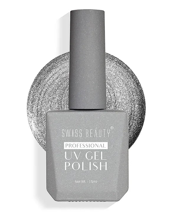 UV gel nail polish bottle in dark gray, cylinder cap, label details visible