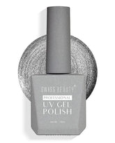 UV gel nail polish bottle in dark gray, cylinder cap, label details visible