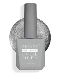 UV gel nail polish bottle in dark gray, cylinder cap, label details visible
