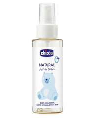 Baby massage oil bottle with spray cap, Chicco Natural Sensation branding