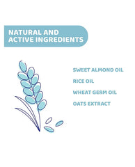 Natural and active ingredients label listing sweet almond oil, rice oil, wheat germ oil, oats extract