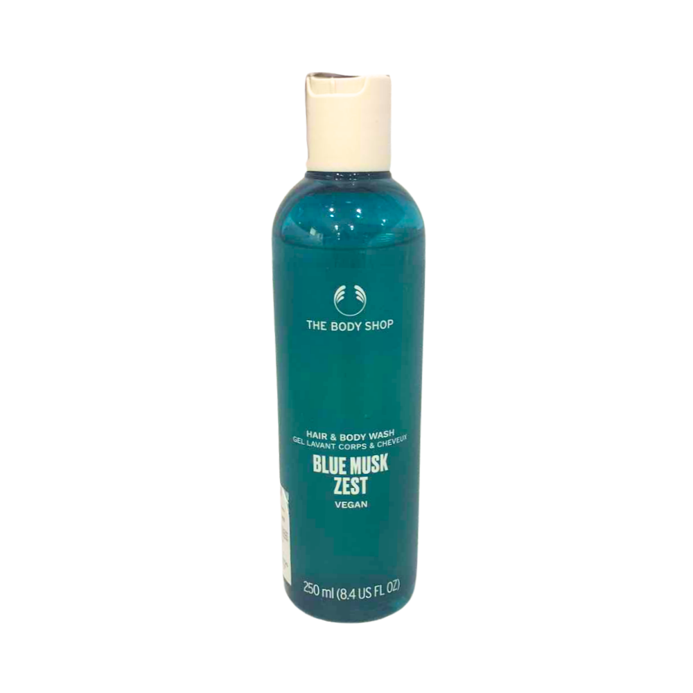 The Body Shop Blue Musk Zest hair and body wash bottle, blue-green, 250 ml