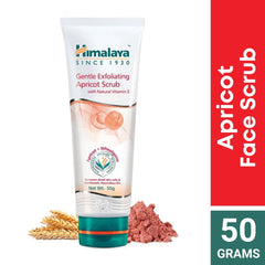 Apricot face scrub tube with 50 g text, shown with exfoliating scrub particles.