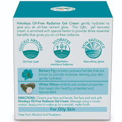 Skincare gel cream box back panel with oil-free claims, ingredients notes, and directions