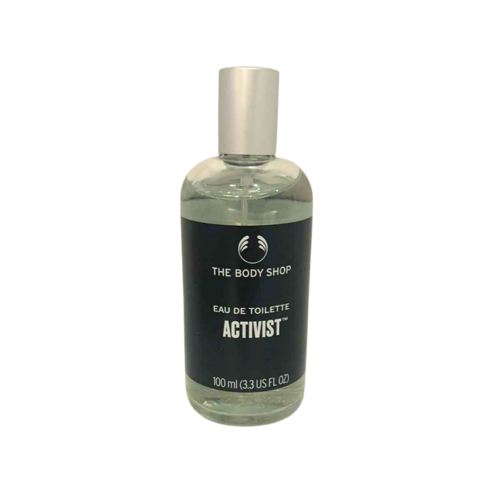 The Body Shop Activist eau de toilette bottle, 100 ml, with clear liquid and silver cap