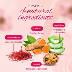 Face pack promo graphic showing turmeric, aloe vera, walnut and Kesar ingredient icons