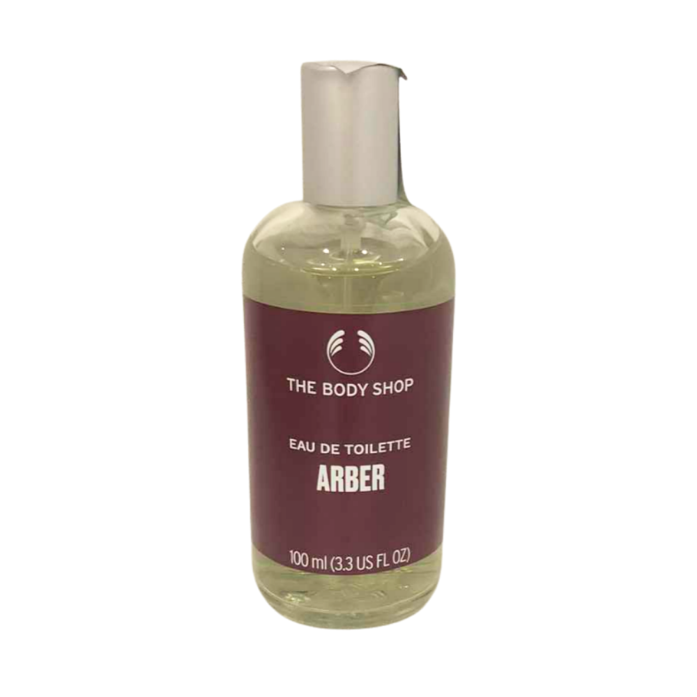 The Body Shop Arber eau de toilette bottle, clear glass with silver cap and burgundy label