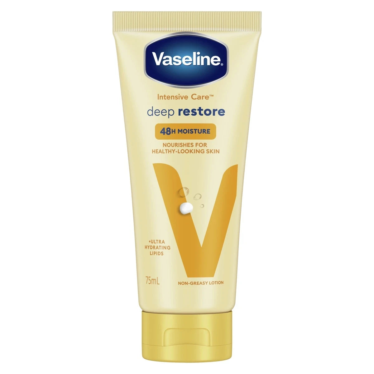 Vaseline Intensive Care deep restore body and hand lotion tube, gold and blue cap