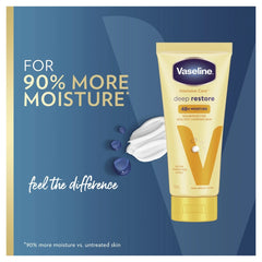 Vaseline deep restore lotion tube with smear and 90% more moisture claim