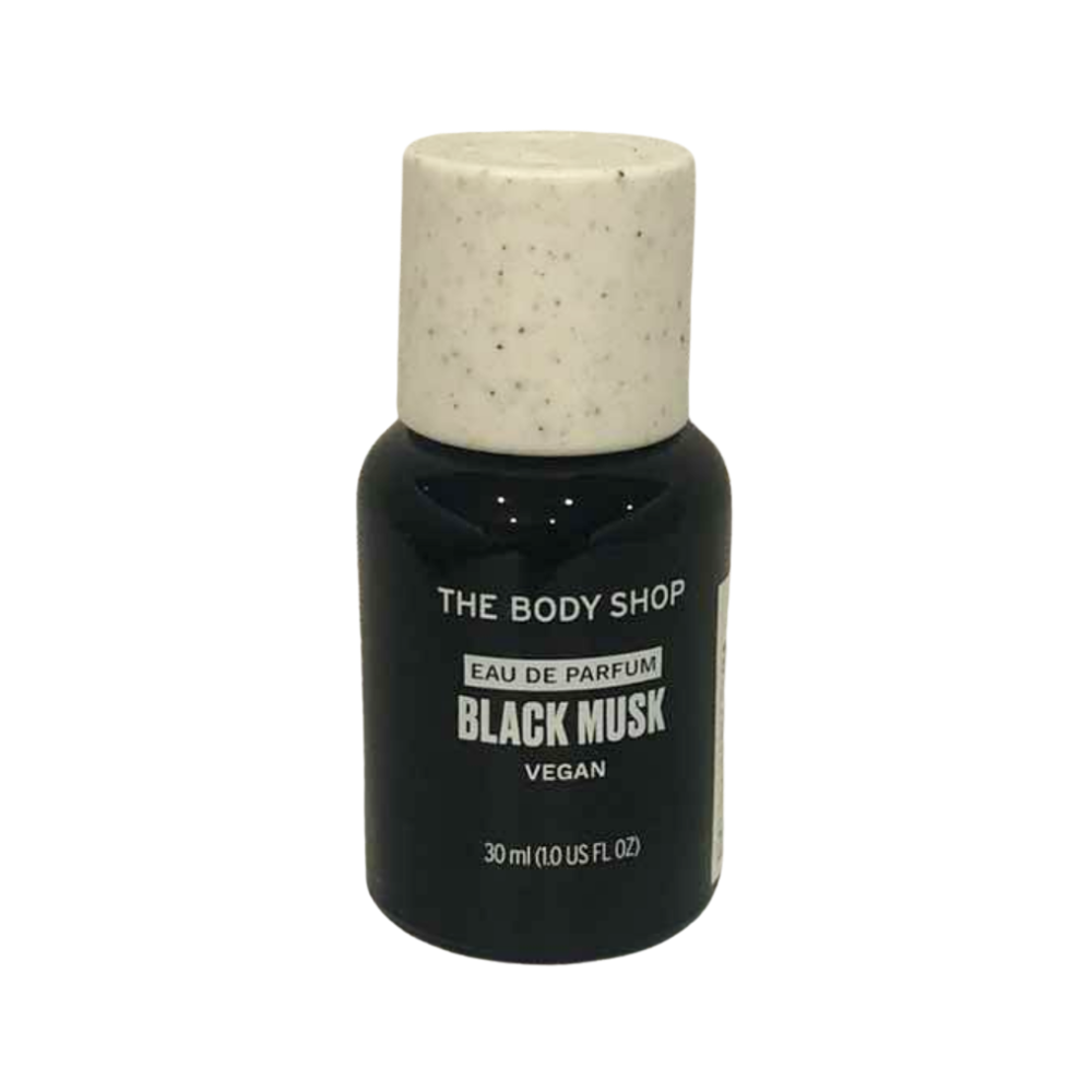 Eau de parfum bottle, black with beige cap, The Body Shop Black Musk 30 ml