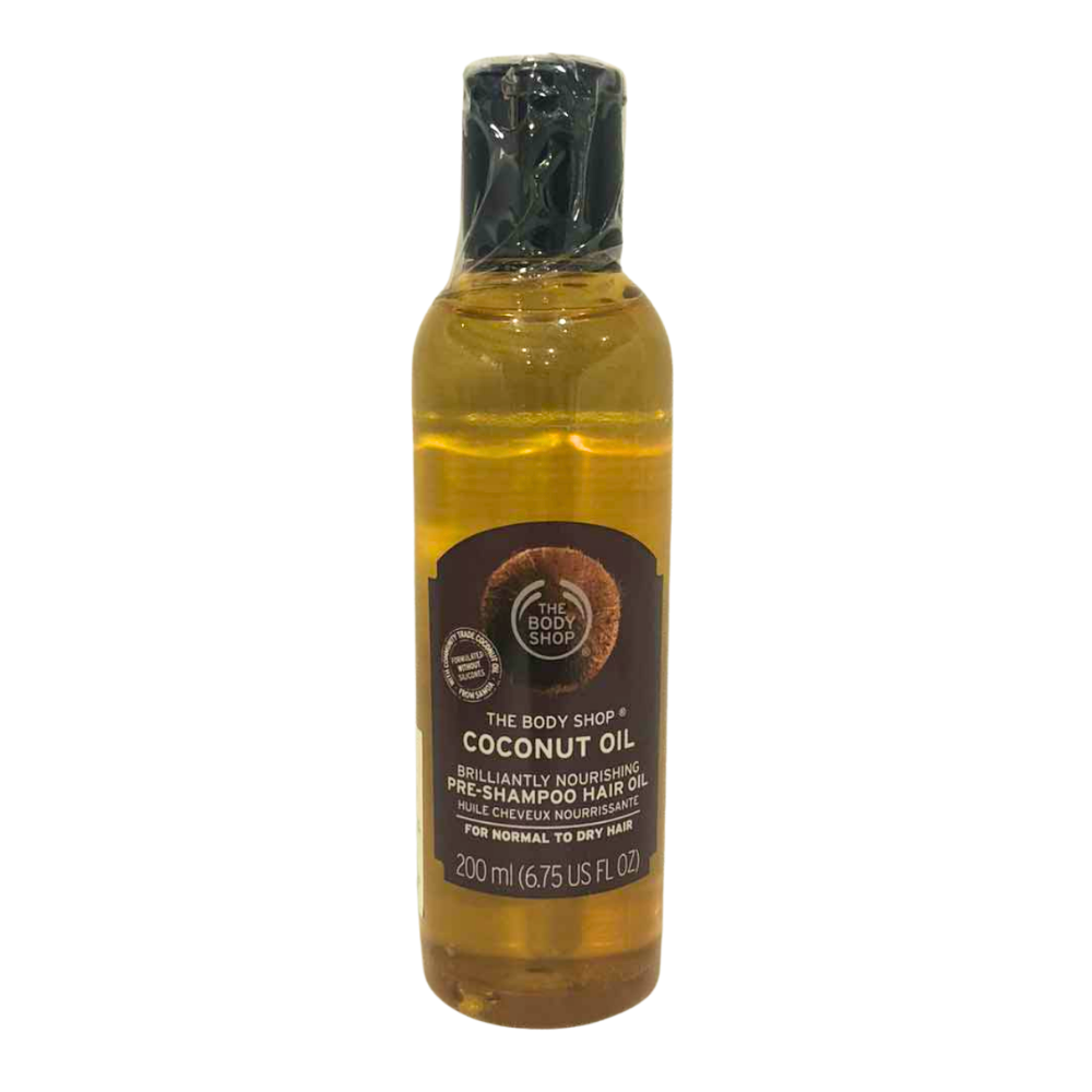 Coconut pre-shampoo hair oil bottle, amber liquid, black cap, 200 mL