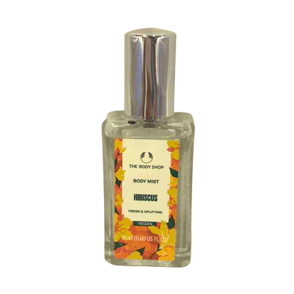Hibiscus body mist bottle with clear glass body and silver spray cap