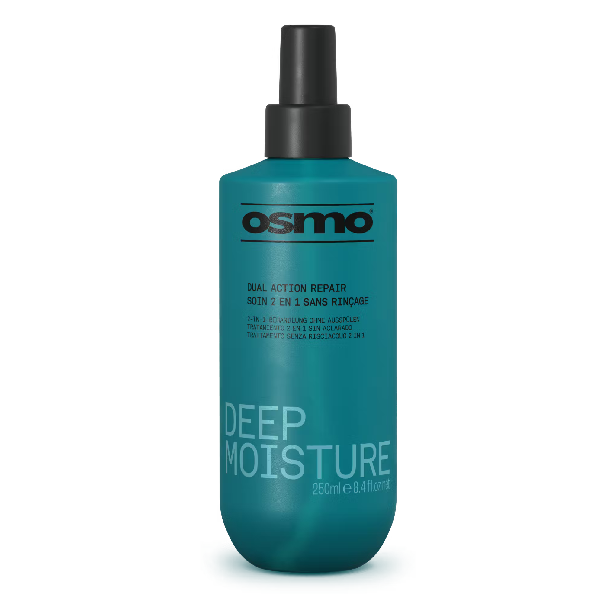 Osmo Deep Moisture repair bottle, teal liquid with black pump top, 250ml