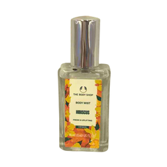 Hibiscus body mist bottle with clear glass body and silver spray cap