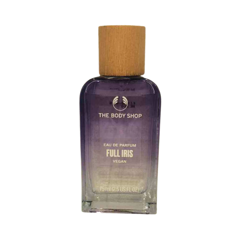The Body Shop Full Iris eau de parfum bottle, wood cap, dark purple glass, 75 ml