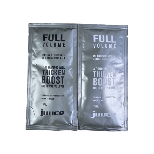 Juuce Full Volume thicken boost shampoo & conditioner sachets, 15 mL, silver foil