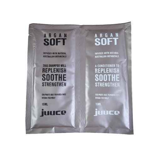 Argan Soft shampoo and conditioner sachets, silver foil, 15 ml, Juuce