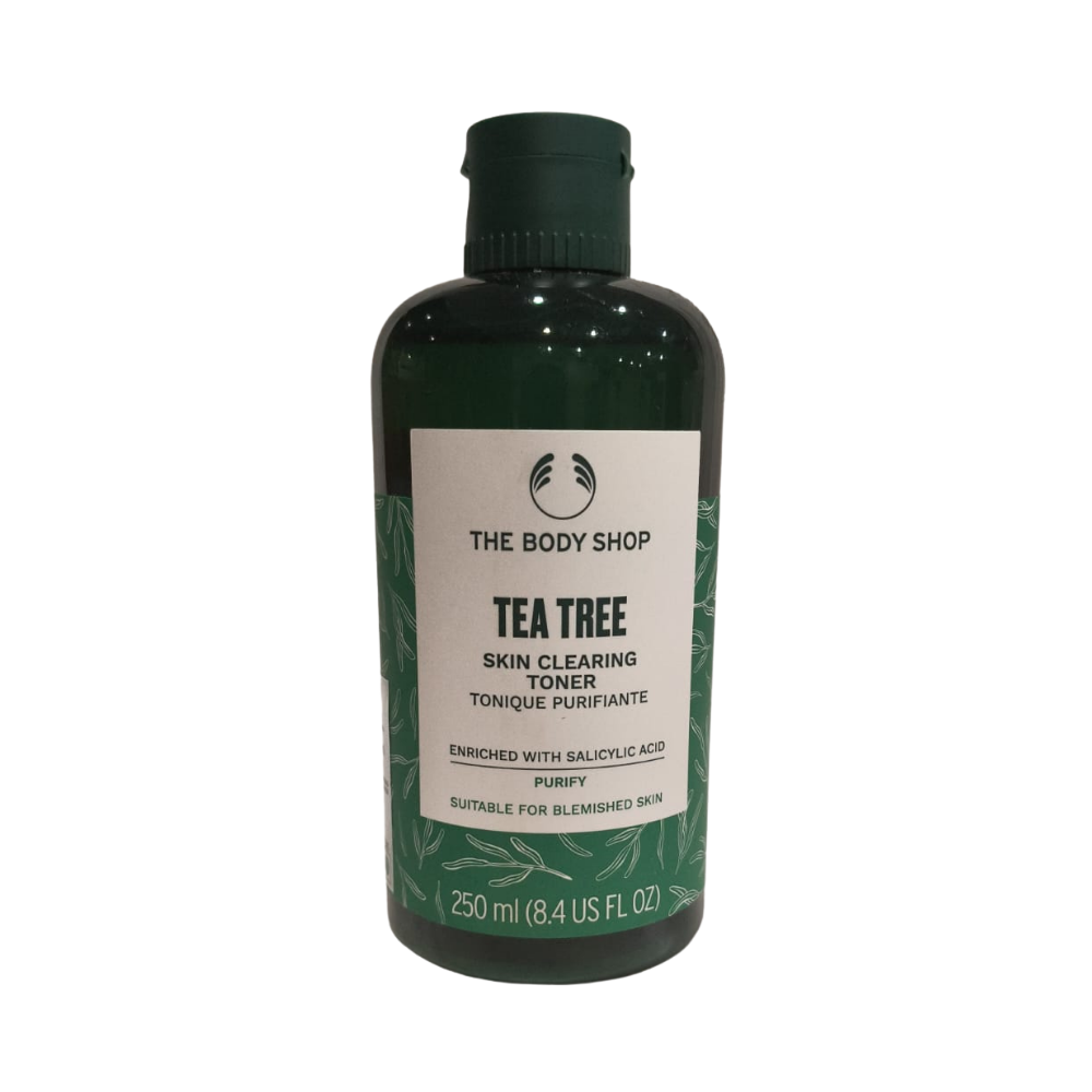 Tea Tree skin clearing toner bottle with dark green cap, 250 ml