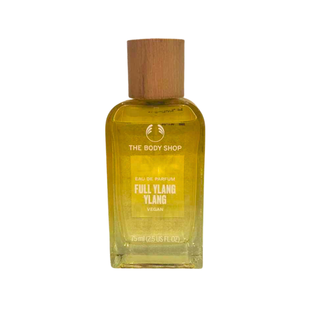 Ylang ylang eau de parfum bottle with brown wooden cap, yellow glass, 75 ml