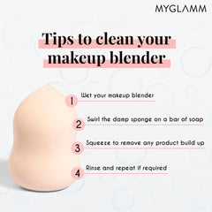 Light beige makeup blender sponge with cleaning-step diagram overlay