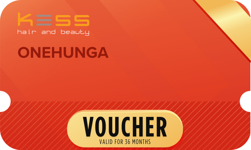 Beauty voucher card with KESS and ONEHUNGA text, VOUCHER label
