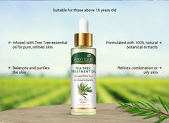 Biotique tea tree treatment face oil bottle with gold dropper and green label