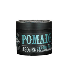 Killer Groom pomade jar with black lid and teal 'POMADE' label, 150g strong hold