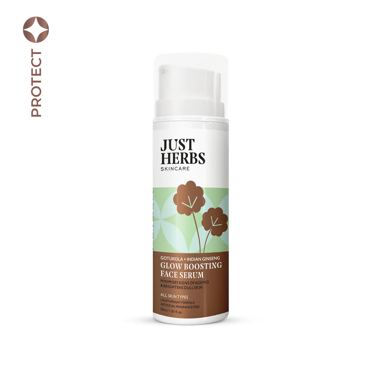 Just Herbs glow boosting face serum bottle with pump, 30 ml