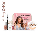 Beauty pouch makeup kit box, pink, with compact powder and nail paint graphics