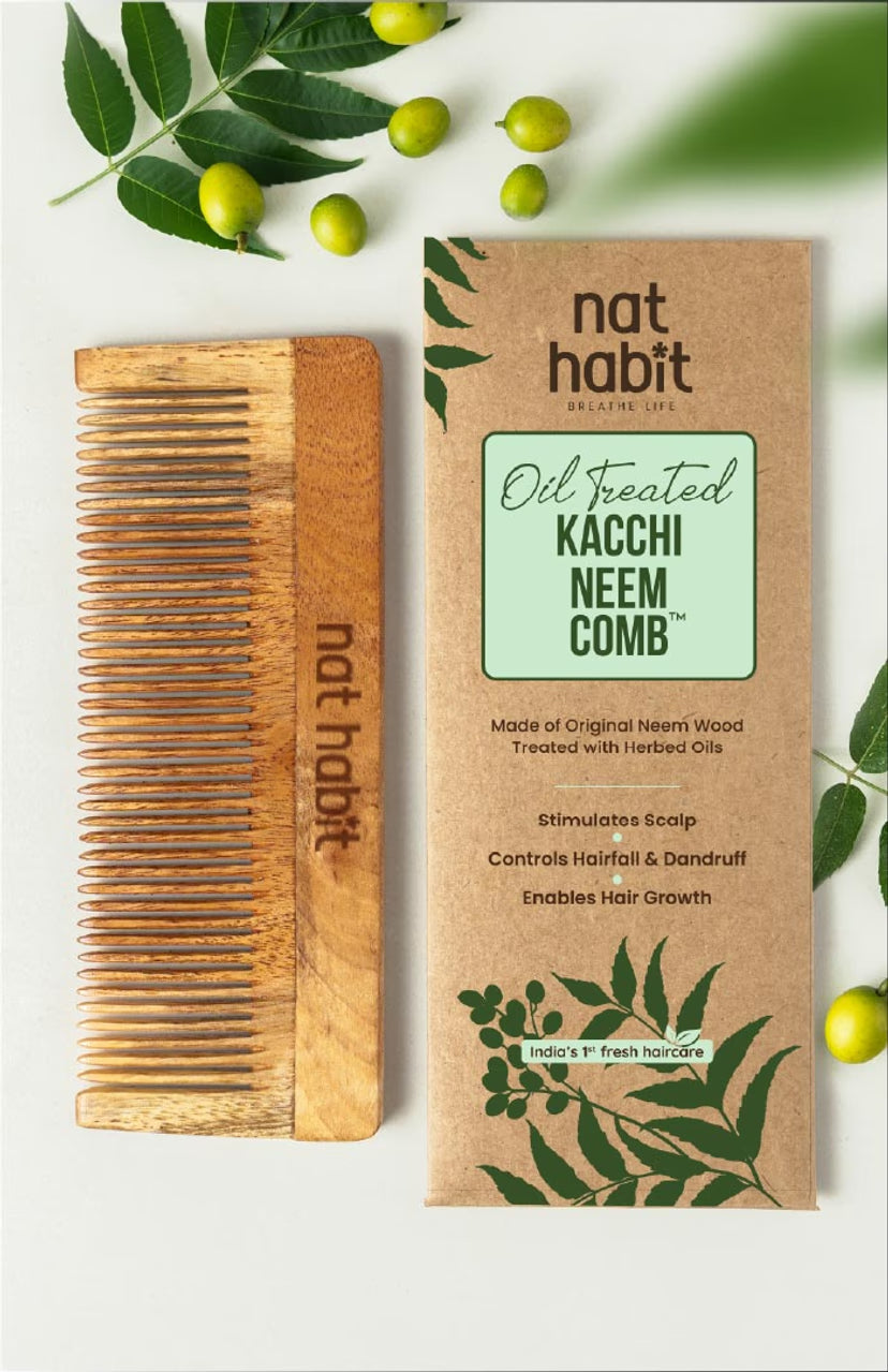 Oil-treated large fine-tooth neem wood comb with closely spaced teeth