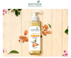 Almond oil Ultra Rich body wash bottle with pump, Biotique label, almonds and flowers