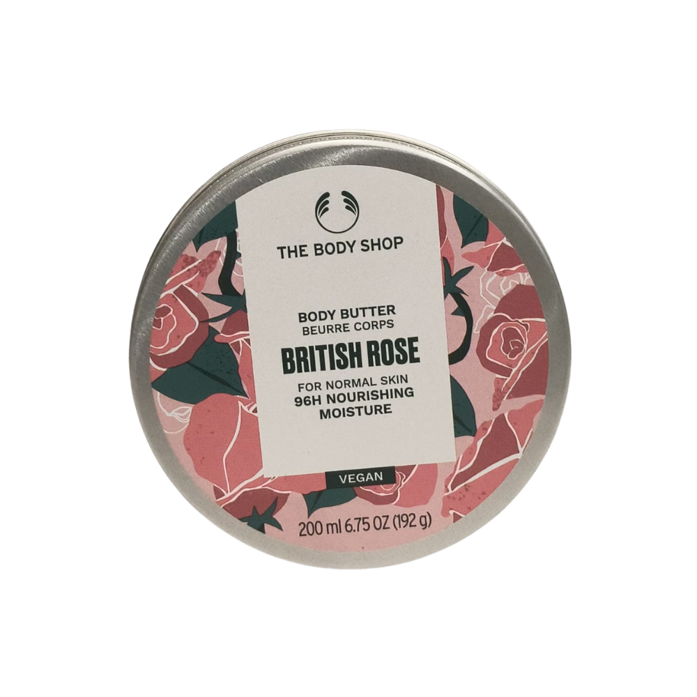 Body butter tin with British Rose label, 200 ml, floral artwork